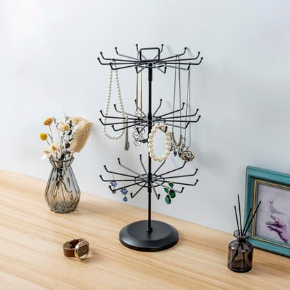 MyGift Black Metal Rotating 3-Tier Jewelry Stand with 36 Hooks | 360° Spinning Display Organizes Necklaces, Bracelets & Keychains with Top Card Holder for Retail or Vanity Use - color: Black (3 Tier)