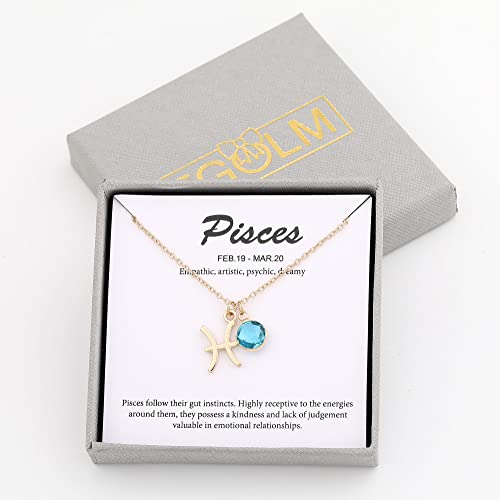 14k Gold Plated Zodiac Birthstone Crystal Pendant Necklace, Horoscope Sign Charm Necklace for Women Birthday Gift - color: Pisces-Mar.