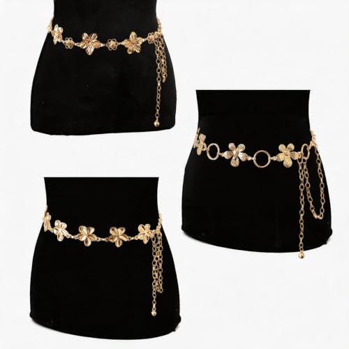 3 Pcs Gold Chain Belt for Women, Adjustable Waist Chain with Clover Butterfly Disc Pendants, Body Jewelry, Boho Belts for Women, Summer Beach Party - color: Gold-5