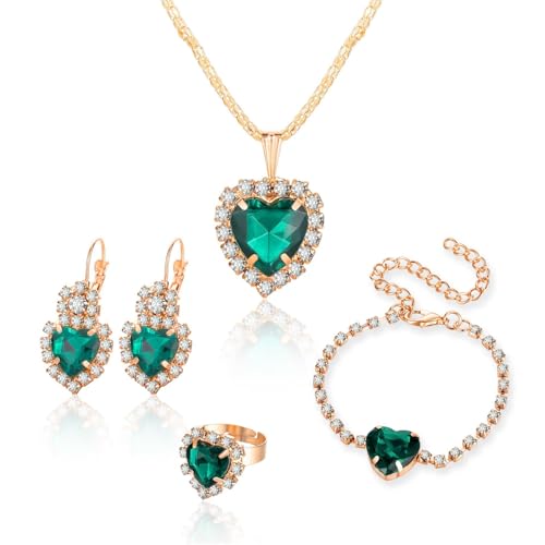 MALOYANVE 4PCS Crystal Heart Jewelry Set Glitter Gold Cubic Zirconia Love Heart Pendant Necklace Lightweight Hoop Earrings Bangle Bracelet Adjustable Open Ring Prom Wedding Jewelry for Women - color: Green