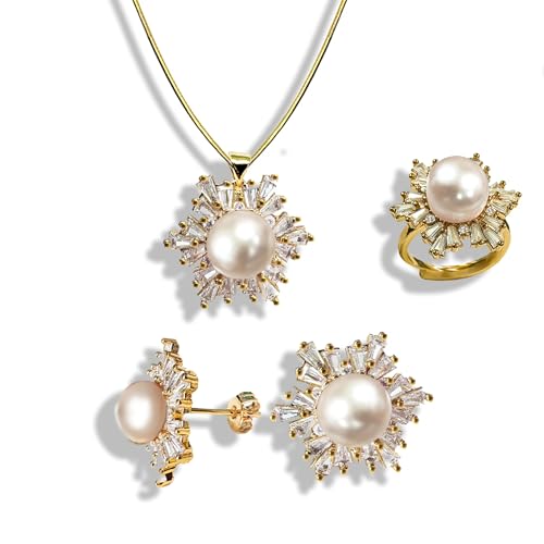 Women's pearl jewelry set, including earrings ring and necklace, pearl necklaces for women，suitable for all seasons, as a bride and bridesmaid gifts