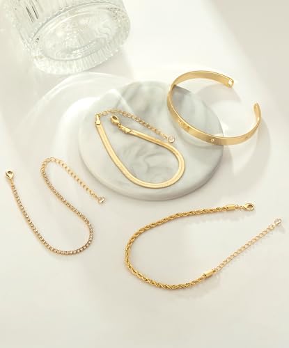 Gold Bracelets for Women 14K Gold Plated Stack Trend Bracelets Charm Paperclip Chain Cuban Link Layered Waterproof Bracelet Dainty Bracelet for Women Jewelry Gifts - color: Gold