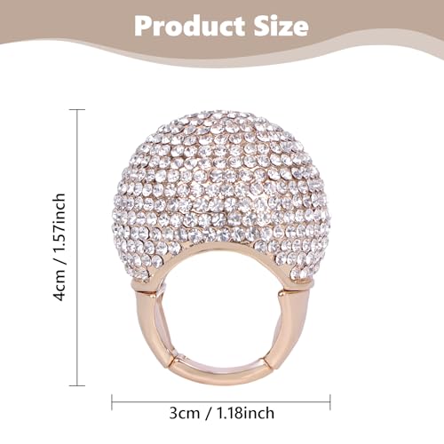 Gold Snowball Rhinestone Cocktail Ring – Adjustable Stretch Sparkling Party Jewelry for Women, Elegant Costume Ring for Evening Wear, Wedding, Prom - color: white