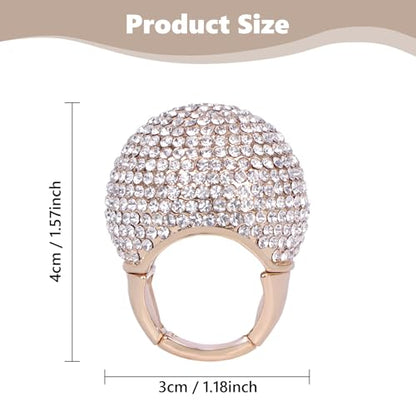Gold Snowball Rhinestone Cocktail Ring – Adjustable Stretch Sparkling Party Jewelry for Women, Elegant Costume Ring for Evening Wear, Wedding, Prom - color: white