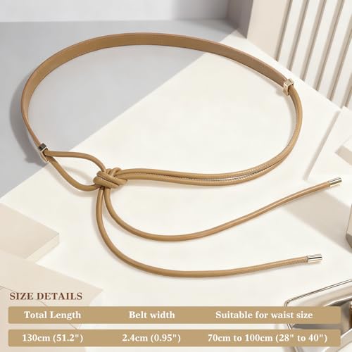 Women's Knotted Thin Waist Belt PU Leather Skinny Belts for Dresses Pants - color: Khaki