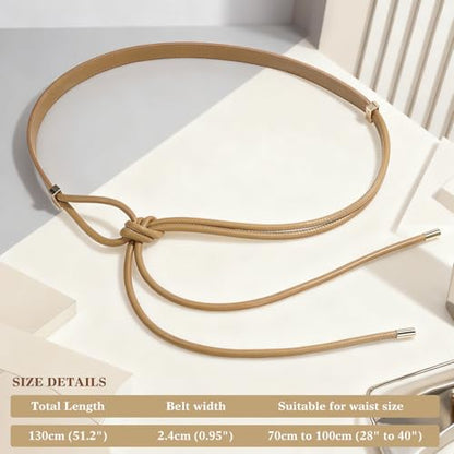 Women's Knotted Thin Waist Belt PU Leather Skinny Belts for Dresses Pants - color: Khaki