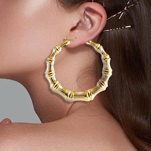 Large Gold Bamboo Hoop Earrings for Women,BigGold Hoop Earrings | 90s 80s Retro Hip Hop Statement Jewelry,90s Accessories Lightweight Thick Gold Hoops for Party/90s Outfit & Daily Wear