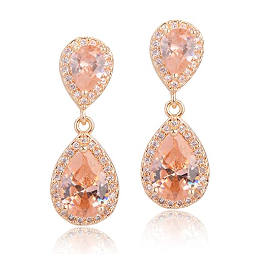 Pave Teardrop Earrings for Wedding Sterling Silver Double Pear Shaped CZ Cubic Zirconia Crystal Rhinestone Birthstone Dangle Earrings Bridal Jewelry for Bride Bridesmaids - color: Champagne-14K Gold Plated