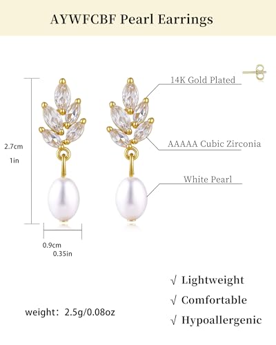 Pearl Earrings for Women, 14k Gold Plated Trendy Diamond Pearl Drop Earrings Bridal Shower Gifts Wedding jewelry for Women - color: Style A Gold