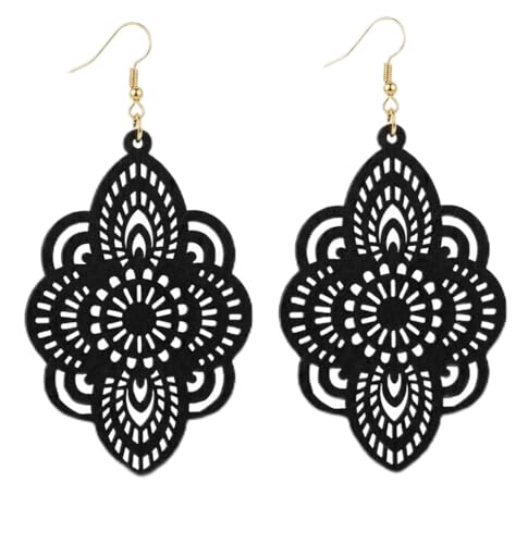 Boho Black Filigree Dangle Earrings for Women, Lightweight Hollow Lace Drop, Wood, 3.34" x 1.69", Bohemian Jewelry - color: Black