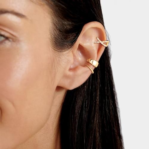 OOOPEL 3 Pairs 14K Gold Plated Ear Cuffs Non Piercing Lightweight Stackable Chunky Earring Cuff for Women Adjustable Non-Fading Fake Earrings Suitable for Christmas Gift - style: Cross CZ