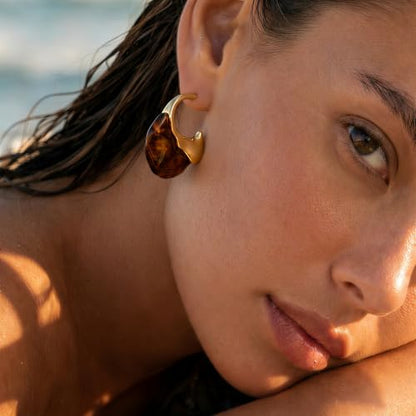 Brown white Hoop Earrings for Women Gold-Plated Irregular Huggie Statement Earrings - color: AMZ-EH23402B-HY