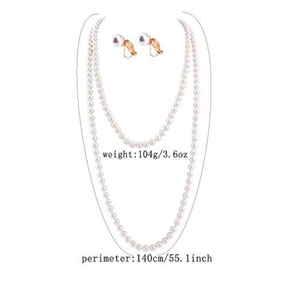 Handmade Faux Pearl Necklace and Clip on Earrings Jewelry Sets for Women Bib Choker Collar Necklace - color: 140cm White Necklace+Clip Earrings