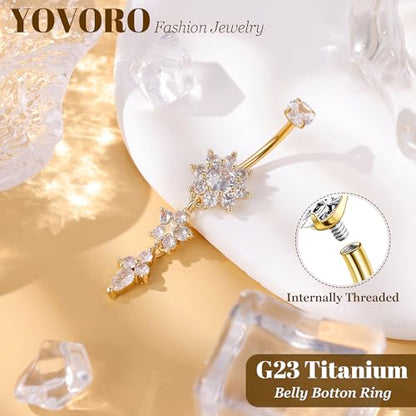14G G23 Titanium Dangle Belly Button Rings for Women CZ Round Belly Rings Internally Threaded Flower Navel Ring Hypoallergenic Curved Barbell Belly Piercing Jewelry - style: Flower-Gold