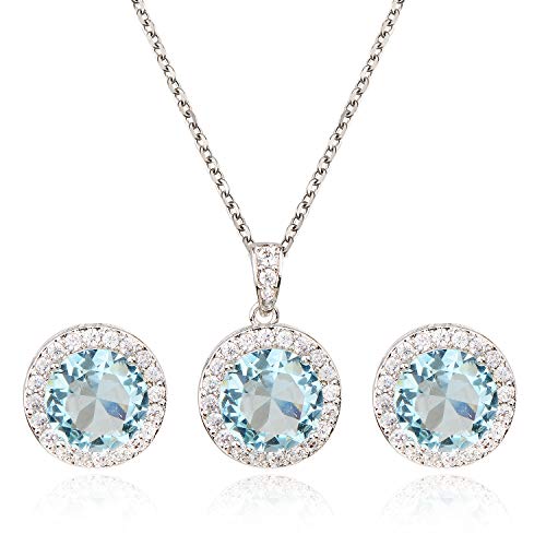 Bridal Crystal Jewelry Set - Sterling Silver Round Cubic Zirconia CZ Rhinestone Halo Birthstone Pendant Necklace Stud Earrings Set for Wedding Bride Bridesmaids Birthday Gift - color: Matine Blue
