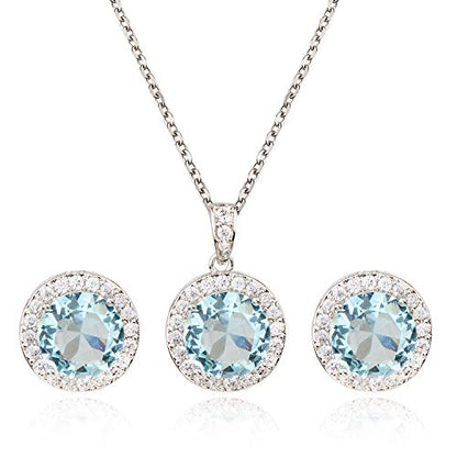 Bridal Crystal Jewelry Set - Sterling Silver Round Cubic Zirconia CZ Rhinestone Halo Birthstone Pendant Necklace Stud Earrings Set for Wedding Bride Bridesmaids Birthday Gift - color: Matine Blue