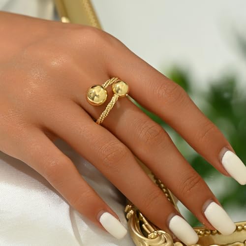 Adjustable Rings for Women 18K Gold Plated daisy Flower Butterfly Ball Cubic Zirconia Rings Dainty Open Stacking Ring - color: Double Ball-Gold