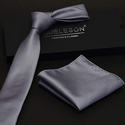 GUSLESON 2.4" Slim Necktie and Handkerchief Set For Men Solid Skinny Tie Set - color: Gray