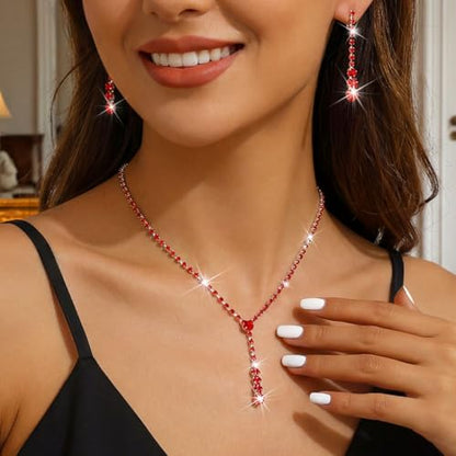 Bride Silver Bridal Necklace Earrings Set Crystal Wedding Jewelry Set Rhinestone Choker Necklace for Women and Brides - color: G Red