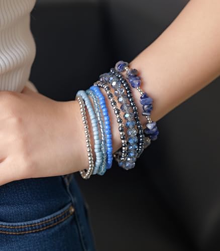 Noessla Boho Beaded Bracelets for Women Stackable Irregular Natural Stone Bead Stretch Bracelet Set 8PCS Costume Jewelry Gifts for Her - color: Navy Blue