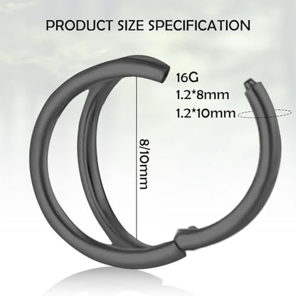 Titanium Septum Rings, Nose Rings Hoops for Women, Segment Nose Rings 16G 8mm/10mm Hypoallergenic Cartilage Conch Helix Rook Hoop Earrings - color: Double Stacked-Black, size: 16 Gauge 10mm