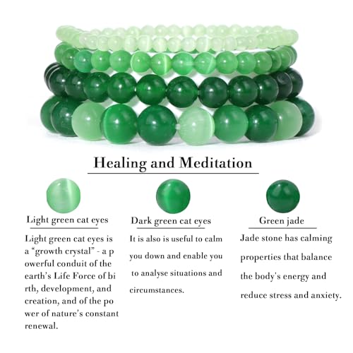 Vinswet 4pcs Beaded Bracelets for Women,Natural Healing Crystal Gemstones Bracelet,Anxiety Stress Relief Bracelet Handmade purple Jewelry Gifts for Women - color: Light green cat eyes&Dark green cat eyes&Green jade