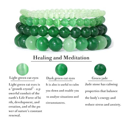 Vinswet 4pcs Beaded Bracelets for Women,Natural Healing Crystal Gemstones Bracelet,Anxiety Stress Relief Bracelet Handmade purple Jewelry Gifts for Women - color: Light green cat eyes&Dark green cat eyes&Green jade