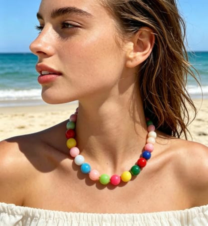 Chunky Beaded Necklace for Women 16mm Round Bead Resin Modern Statement Necklace Jewelry Accessories - color: colorful 01