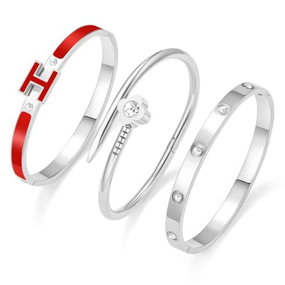 3Pcs Gold Bracelets for Women 14K Gold Plated Love/H/Nail Bangle Bracelet Dainty Non Tarnish Bracelet Jewelry Christmas Mothers Day Gifts for Women - color: 3Pcs Silver/Red H bracelet