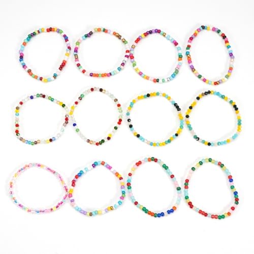12Pcs Bohemia Multilayer Resin Seed Beaded Stackable Bracelets Colorful Crystal Glass Beads Stretch Bracelet BFF Friendship Elastic Wristbands for Women Men Summer Beach Boho Vacation Jewelry - color: Colorful