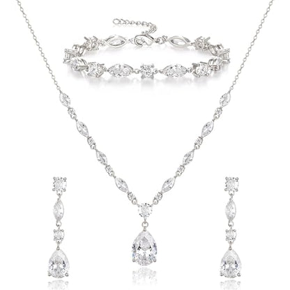 Teardrop Marquise Cubic Zirconia Wedding Prom Jewelry Set for Women Bridal | Silver/Gold/Rose Gold Plated, Pear Cut Pendant Necklace Drop Earrings Link Bracelet, for Bride Bridesmaid, for Banquet Party - style: B_Three Set, Silver (Teardrop)