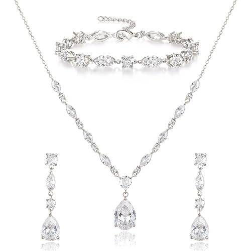 Teardrop Marquise Cubic Zirconia Wedding Prom Jewelry Set for Women Bridal | Silver/Gold/Rose Gold Plated, Pear Cut Pendant Necklace Drop Earrings Link Bracelet, for Bride Bridesmaid, for Banquet Party - style: B_Three Set, Silver (Teardrop)