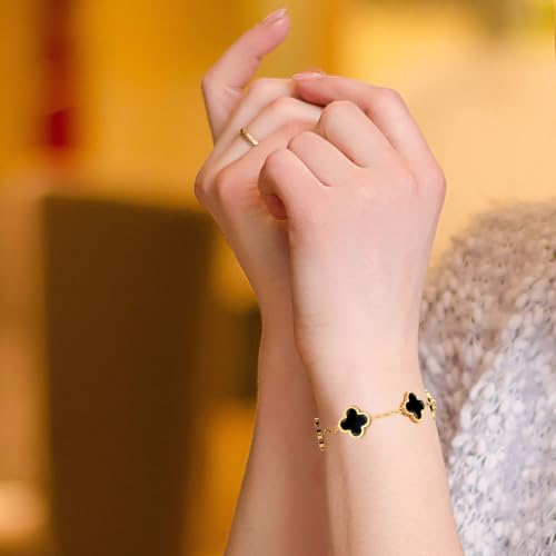 Clover Necklace Bracelet and Stud Earrings Jewelry Sets for Women | 18K Gold Plated Stainless Steel, Black/White Four Leaf Clover set,Christmas Birthday Lucky Gifts for Mom Wife Girlfriend - color: Gold Black 3PCS
