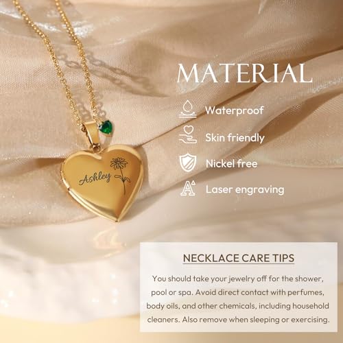 Personalized Heart Locket Necklace Customize Photo 925 Sterling Silver Picture Locket Necklace for Women Girls kids Engraved Birth Flower and Text Birthday Christmas Gifts for Women Girls Kids - color: Gold