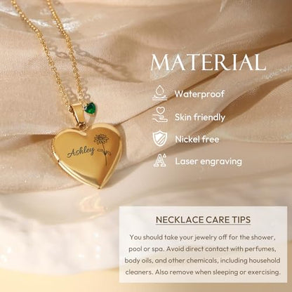 Personalized Heart Locket Necklace Customize Photo 925 Sterling Silver Picture Locket Necklace for Women Girls kids Engraved Birth Flower and Text Birthday Christmas Gifts for Women Girls Kids - color: Gold