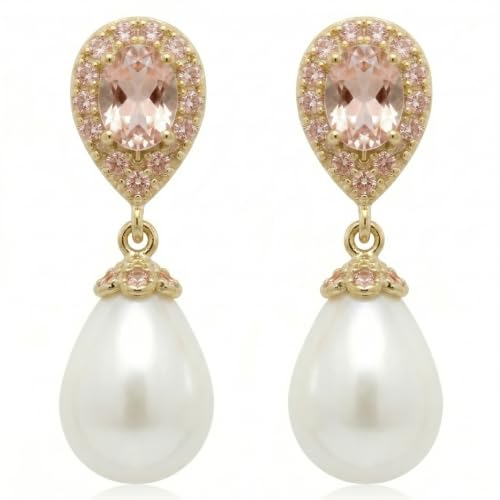 Mariell Pearl Bridal Wedding Drop Earrings with CZ Crystals for Brides, Bridesmaids, Birthday Gift - color: Gold Clip On - Champagne Cubic Zirconia