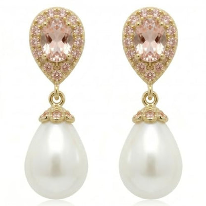 Mariell Pearl Bridal Wedding Drop Earrings with CZ Crystals for Brides, Bridesmaids, Birthday Gift - color: Gold Clip On - Champagne Cubic Zirconia