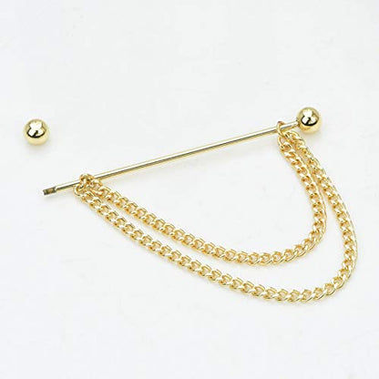 Men's Gold Plated Brass Collar Bar with Double Hanging Chain Tassel Shirt Tie Bar Collar Brooch - color: Gold Ball Head