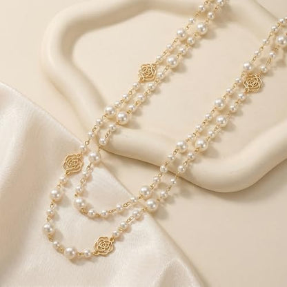 Long Pearl Necklace for Women, Layered Faux Pearl Station Necklace, Gold Tone Double Strand for Wedding Guest Looks and Evening Styling - color: Golden Hollow-out Rose