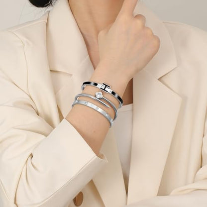 3Pcs Gold Bracelets for Women 14K Gold Plated Love/H/Nail Bangle Bracelet Dainty Non Tarnish Bracelet Jewelry Christmas Mothers Day Gifts for Women - color: 3Pcs Silver/Black H bracelet