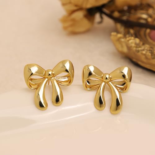 Jean Beau Chunky Gold Stud Earrings for Women Trendy Gold Plated Dangle Drop Prom Birthday Fashion Office Jewelry Gift - color: Gold Bow
