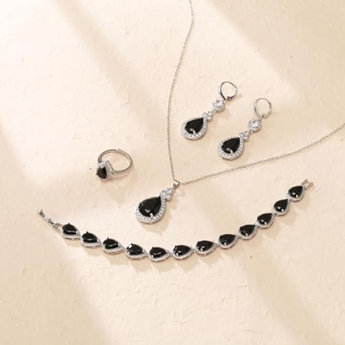 Crysdue Wedding Bridal Teardrop CZ Pendant Necklace Open Ring Dangle Earrings Adjustable Slider Bracelet Jewelry Set, Birthday Mothers Day Christmas Jewellery Gift for Women/Mom/Wife - style: 03-4 pcs Round&Teardrop- Black Silver-Tone
