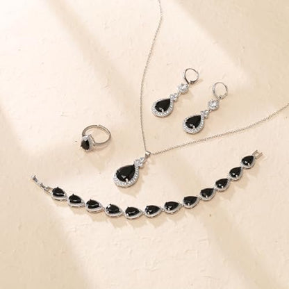 Crysdue Wedding Bridal Teardrop CZ Pendant Necklace Open Ring Dangle Earrings Adjustable Slider Bracelet Jewelry Set, Birthday Mothers Day Christmas Jewellery Gift for Women/Mom/Wife - style: 03-4 pcs Round&Teardrop- Black Silver-Tone