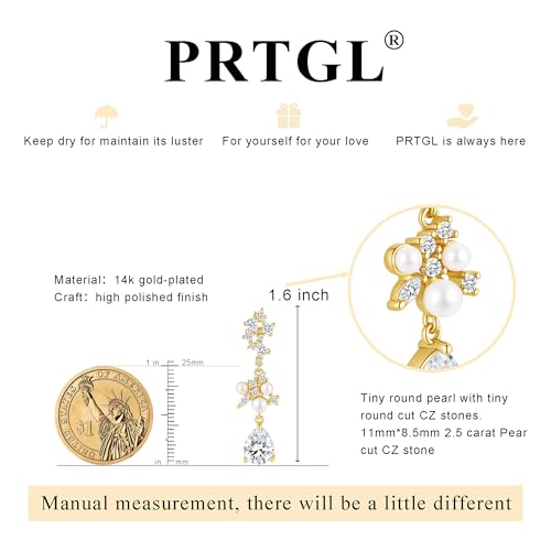 Pearl Earrings - 14K Gold/White Gold/Rose Gold Plated Cubic Zirconia CZ Diaomond Accented Pearl Drop Dangle Earrings for Women Wedding Bridal Prom - color: Gold Teardrop Design