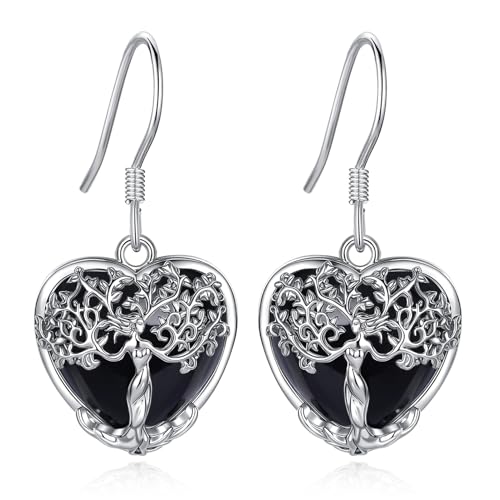 AEONSLOVE Tree of Life Crystal Earrings with Sterling Silver Ear Hooks, Dangle Drop Tree Earrings Gifts for Women - style: A01-Obsidian-Heart