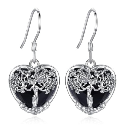 AEONSLOVE Tree of Life Crystal Earrings with Sterling Silver Ear Hooks, Dangle Drop Tree Earrings Gifts for Women - style: A01-Obsidian-Heart