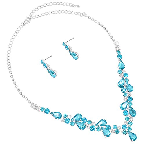 Rosemarie Collections Women's Stunning Rhinestone Crystal Teardrop Statement Necklace Hypoallergenic Drop Earrings Set, 15"+6" Extender - color: Aqua Blue Silver Tone