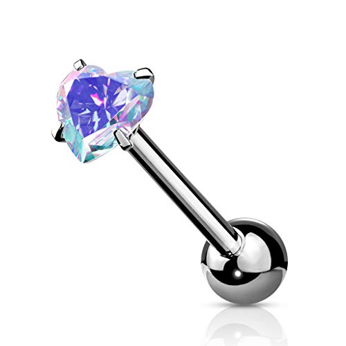 14 Gauge Prong Set Heart CZ 316L Surgical Steel Barbell Tongue Rings (Choose Color) - color: Aurora Borealis