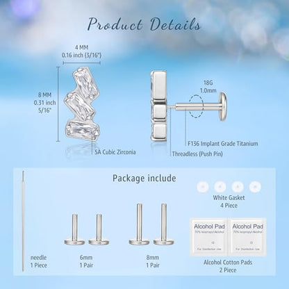 limerencia G23 Hypoallergenic 18g Flat Back Stud Earrings | F136 Implant Grade Titanium Pressfit Threadless Push Pop in Cartilage Helix Labret Lip Monroe Tragus Flat Back Piercing Studs - color: Triple Baguette Gem Silver