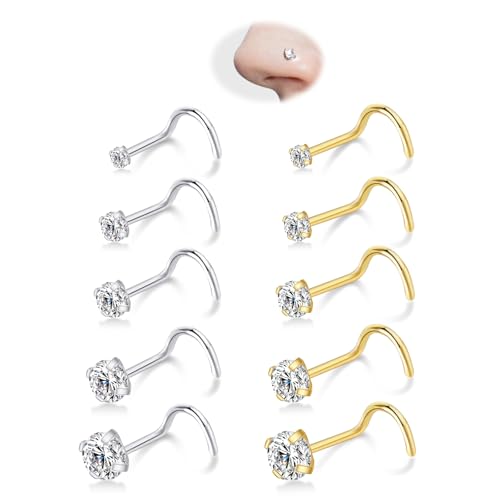 Nose Rings Studs - 5 Pairs 20G Gold/Silver Nose Screw Rings for Women Men 316L Surgical Stainless Steel Hypoallergenic Corkscrew Nose Studs 1.5mm 2mm 2.5mm 3mm 4mm Clear CZ Piercing Jewelry - color: Gold+Silver 1.5mm/2mm/2.5mm/3mm/4mm